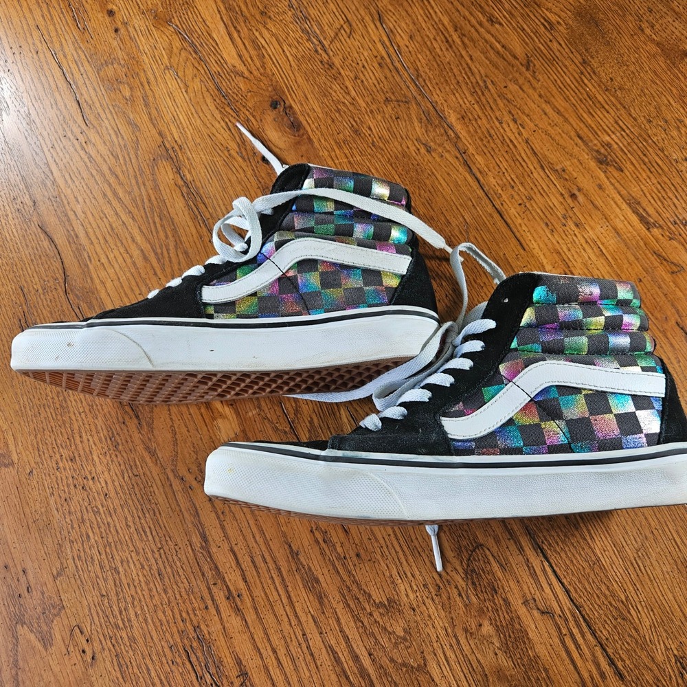 Vans Sk8-Hi Rainbow Iridescent Checkered High‎ Top Sneakers Black Suede Womens 7 - Picture 5 of 9